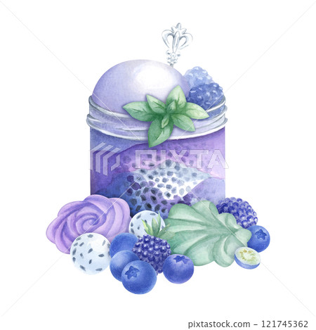 Dessert with whipped cream, ice cream, chia seeds, mint, blueberry and blackberry in glass jar, with silver spoon. Marshmallow and candy. Hand drawn watercolor isolated illustration for food design. Dessert with whipped cream, ice cream, chia seeds, mint, blueberry and blackberry in glass jar, with silver spoon. Marshmallow and candy. Hand drawn watercolor isolated illustration for food design. 121745362