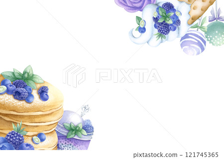 Pancakes, blueberry, blackberry, ice cream, cake pop, whipped cream, marshmallow watercolor isolated illustration. Hand draw desserts with berries. Rectangular frame with copy space for confectionery. 121745365