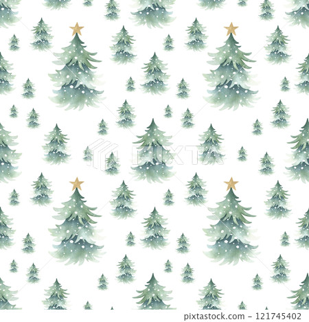 Christmas trees snow-covered with festive golden star decoration on top, forest winter landscape. Hand drawn watercolor isolated seamless pattern for New Year festive packaging paper, wallpaper. 121745402