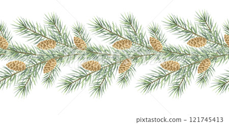 Christmas fir branches with cones watercolor isolated illustration. Hand drawn seamless border with green spruce tree branch with needles for Happy New Year greeting cards template, festive designs. 121745413