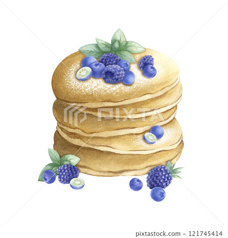 Pancakes with blueberry, blackberry and mint. Hand drawn watercolor isolated illustration. For Mardi Gras, Shrovetide, Maslenitsa holiday, Shrove Tuesday, Pancake Day and Week, Fat Tuesday, carnival. 121745414