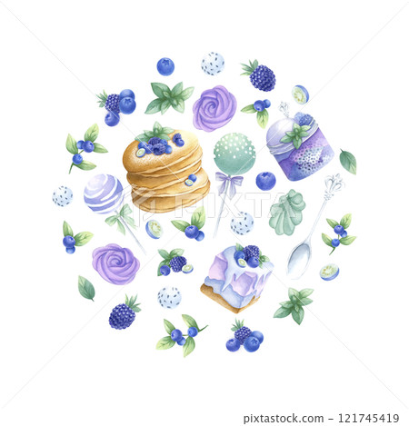 Pancakes, cakes, blueberry, blackberry, marshmallows, cake pops in purple and green colors round composition. Hand draw watercolor isolated illustration for kitchen textile, round tableware and plate. 121745419