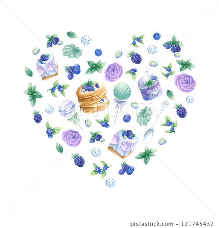 Heart shaped composition with pancakes, cakes, blueberry, blackberry, marshmallows in purple and green colors. Hand draw watercolor isolated illustration for romantic Valentines Day greeting card. Heart shaped composition with pancakes, cakes, blueberry, blackberry, marshmallows in purple and green colors. Hand draw watercolor isolated illustration for romantic Valentines Day greeting card. 121745432