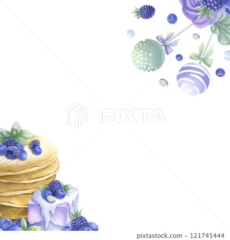 Pancakes, cakes, blueberry, blackberry, cake pops and marshmallows in purple and green color. Hand draw watercolor isolated illustration. Square frame, template with copy space for pastry shop design. 121745444