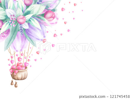 Flower balloon with basket filled with flying hearts. Hand draw watercolor isolated illustration. Rectangular template for romantic Valentines, Mother and Women Day card, invitation, wedding design. Flower balloon with basket filled with flying hearts. Hand draw watercolor isolated illustration. Rectangular template for romantic Valentines, Mother and Women Day card, invitation, wedding design. 121745458
