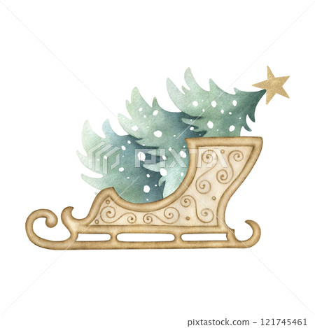 Christmas wooden sled with fir and with ornately patterned. Spruce snow-covered with golden star. Hand drawn watercolor isolated illustration for New Year greeting cards, festive packaging and design. 121745461