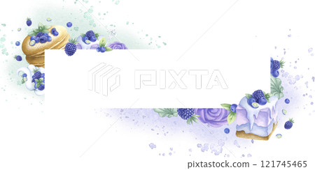 Pancakes, cakes, blueberry, blackberry, ice cream and marshmallows. Stains and splashes. Hand draw watercolor isolated illustration. Horizontal rectangular frame with copy space for bakery design. Pancakes, cakes, blueberry, blackberry, ice cream and marshmallows. Stains and splashes. Hand draw watercolor isolated illustration. Horizontal rectangular frame with copy space for bakery design. 121745465