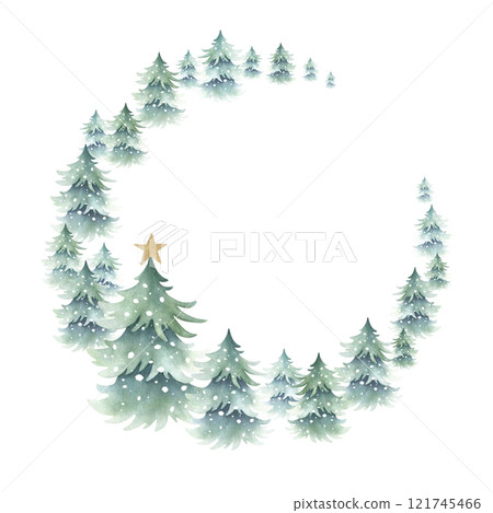 Christmas spruces snow-covered with golden star. Hand drawn watercolor fir trees illustration, round wreath, greeting card template isolated from background with copy space for text for New year. Christmas spruces snow-covered with golden star. Hand drawn watercolor fir trees illustration, round wreath, greeting card template isolated from background with copy space for text for New year. 121745466