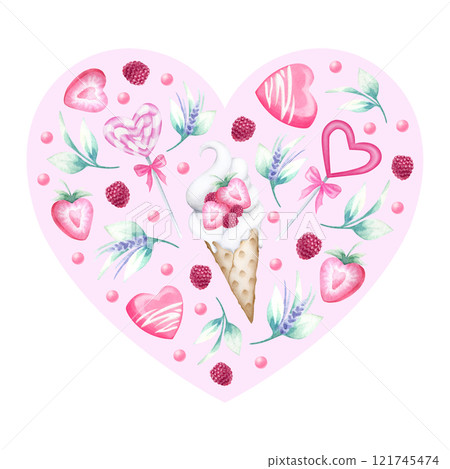 Heart shaped composition with ice cream, cake, strawberry, raspberry, candy, beads in pastel red and pink colors. Hand draw watercolor isolated illustration for romantic Valentines Day greeting card. Heart shaped composition with ice cream, cake, strawberry, raspberry, candy, beads in pastel red and pink colors. Hand draw watercolor isolated illustration for romantic Valentines Day greeting card. 121745474