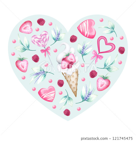 Heart shaped composition with ice cream, cake, strawberry, raspberry, candy, beads in pastel red and pink colors. Hand draw watercolor isolated illustration for romantic Valentines Day greeting card. Heart shaped composition with ice cream, cake, strawberry, raspberry, candy, beads in pastel red and pink colors. Hand draw watercolor isolated illustration for romantic Valentines Day greeting card. 121745475