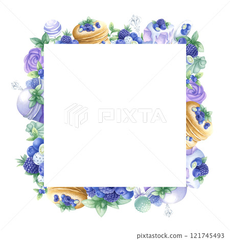 Pancakes, cakes, blueberry, blackberry, ice cream, marshmallows, cake pops and whipped cream. Hand draw watercolor isolated illustration. Square frame with copy space for text for bakery design. 121745493