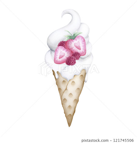 Ice cream with strawberries and raspberry watercolor isolated illustration. Hand drawn waffle cone with heart shaped strawberries cut in half for romantic Valentines Day and confectionery designs. 121745506