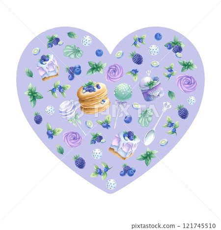 Heart shaped composition with pancakes, cakes, blueberry, blackberry, marshmallows in purple and green colors. Hand draw watercolor isolated illustration for romantic Valentines Day greeting card. 121745510