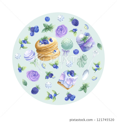 Pancakes, cakes, blueberry, blackberry, marshmallows, cake pops in purple and green colors round composition. Hand draw watercolor illustration on mint for kitchen textile, round tableware and plate. Pancakes, cakes, blueberry, blackberry, marshmallows, cake pops in purple and green colors round composition. Hand draw watercolor illustration on mint for kitchen textile, round tableware and plate. 121745520