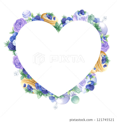 Pancakes, cakes, blueberry, blackberry, marshmallows in purple and green colors. Watercolor isolated illustration. Hand draw heart shape frame, template with copy space for text for Valentines Day. 121745521