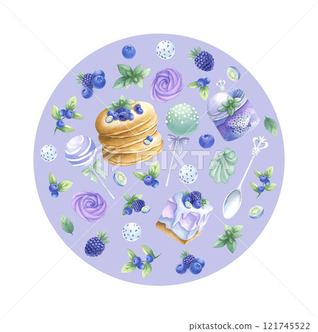 Pancakes, cakes, blueberry, blackberry, marshmallows, cake pops in purple and green colors round composition. Hand draw watercolor illustration on lilac for kitchen textile, round tableware and plate. Pancakes, cakes, blueberry, blackberry, marshmallows, cake pops in purple and green colors round composition. Hand draw watercolor illustration on lilac for kitchen textile, round tableware and plate. 121745522