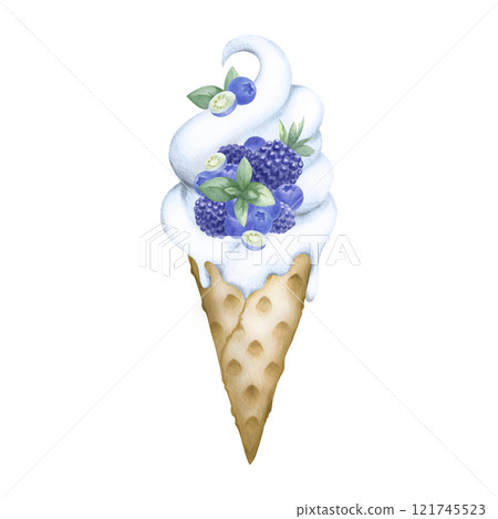 Ice cream with mint, blueberry and blackberry isolated from background. Hand drawn watercolor illustration delicious dessert for logo confectionery, kitchen textile, food packaging, recipes, cookbook. Ice cream with mint, blueberry and blackberry isolated from background. Hand drawn watercolor illustration delicious dessert for logo confectionery, kitchen textile, food packaging, recipes, cookbook. 121745523