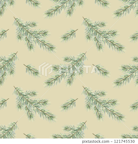 Christmas spruce branches watercolor seamless pattern. Hand drawn winter illustration fir tree twigs on beige background for New Year festive packaging paper, textile, fabrics and design. 121745530
