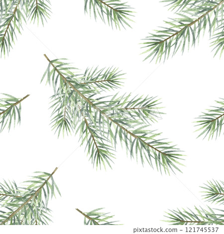 Christmas spruce branches watercolor seamless pattern. Hand drawn winter illustration fir tree twigs isolated from background for New Year festive packaging paper, textile, fabrics and design. Christmas spruce branches watercolor seamless pattern. Hand drawn winter illustration fir tree twigs isolated from background for New Year festive packaging paper, textile, fabrics and design. 121745537