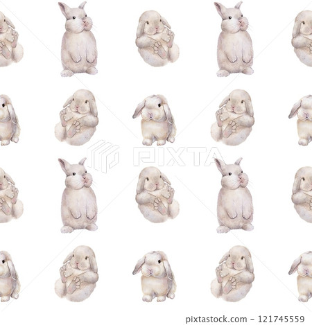 Watercolor Seamless pattern Chubby, fluffy rabbits, hares 121745559