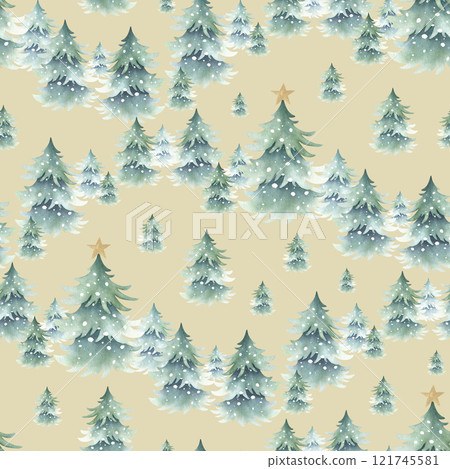 Christmas spruces snow-covered with festive golden star decoration, forest winter landscape. Hand drawn watercolor seamless pattern on beige for New Year festive packing paper, fabric and textile. Christmas spruces snow-covered with festive golden star decoration, forest winter landscape. Hand drawn watercolor seamless pattern on beige for New Year festive packing paper, fabric and textile. 121745581