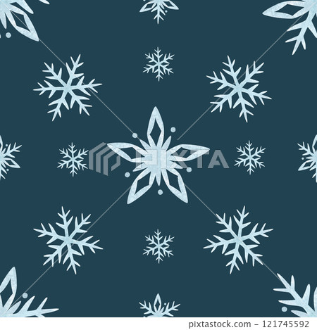 Christmas snowflakes in light blue color. Hand drawn minimalistic watercolor winter seamless pattern on dark blue background. For New Year festive packaging paper, textile, fabric and endless design. Christmas snowflakes in light blue color. Hand drawn minimalistic watercolor winter seamless pattern on dark blue background. For New Year festive packaging paper, textile, fabric and endless design. 121745592