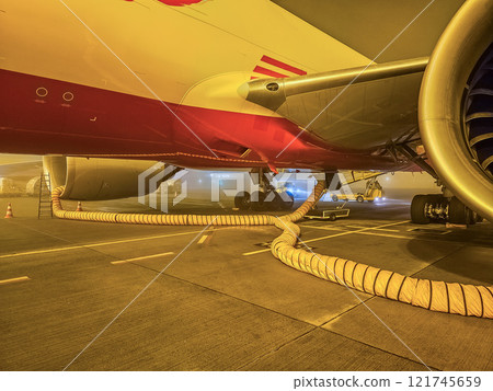 Cargo Plane Refueling at Night, Foggy Runway. High quality photo Cargo Plane Refueling at Night, Foggy Runway. High quality photo 121745659