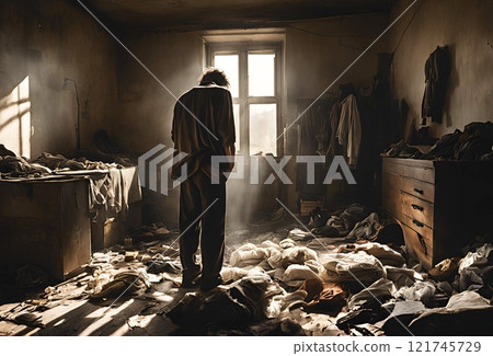 一個男人把頭掛在一個非常骯髒的房間裡的後視圖 一個男人把頭掛在一個非常骯髒的房間裡的後視圖 121745729