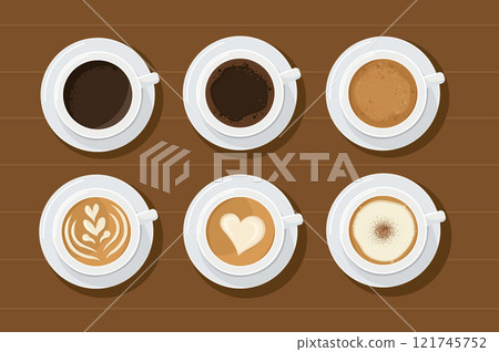 Top view Hot coffee in white cups. vector illustration 121745752