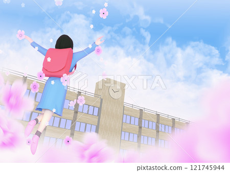 一個女孩高興地迎接充滿希望的新學期。 一個女孩高興地迎接充滿希望的新學期。 121745944