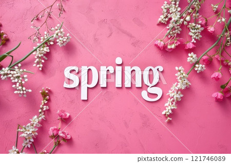 The word spring is surrounded by pink and white flowers. AI-generated content. 121746089