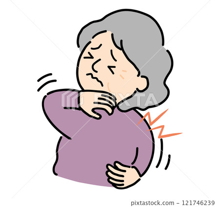 Back view of a senior woman suffering from an itchy back 121746239