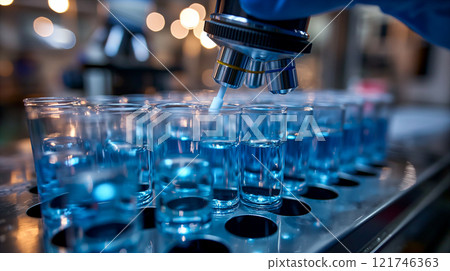 Scientist conducting analysis using microscope and test tubes in lab environment. Generative AI 121746363
