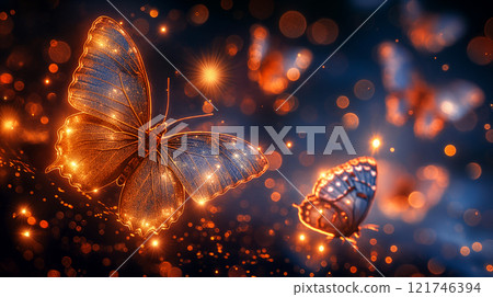Golden butterflies dancing in twilight with shimmering forest glade, magic background. Generative AI 121746394