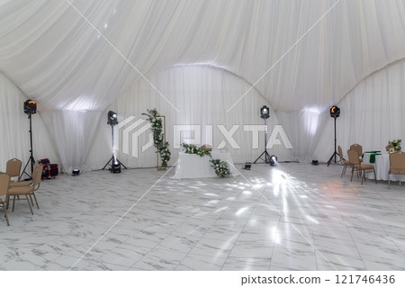 Catering concept. Interior of tent for wedding dinner, ready for guests. Catering concept. Interior of tent for wedding dinner, ready for guests. 121746436