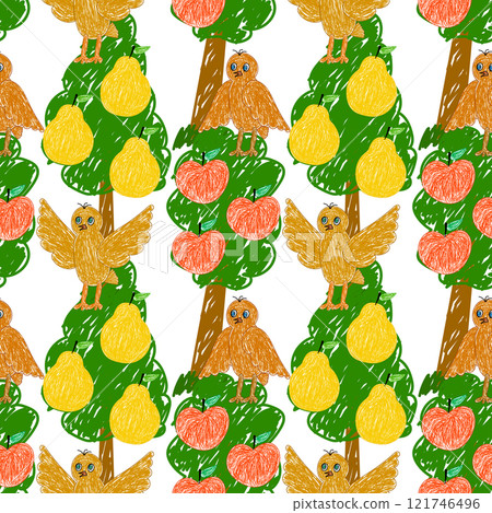 Seamless Pattern of Orchard Trees with Birds, Apples, and Pears 121746496