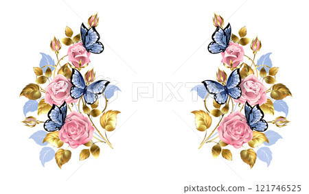 Symmetrical frame with pink roses and butterflies Symmetrical frame with pink roses and butterflies 121746525