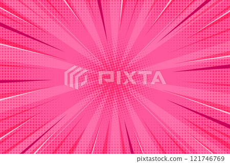 Comic book abstract pink background with starburst pattern. Pop art radial rays of explosion with halftone effect. Vector retro bright bg. Manga action lines and flash concentric beams. 121746769
