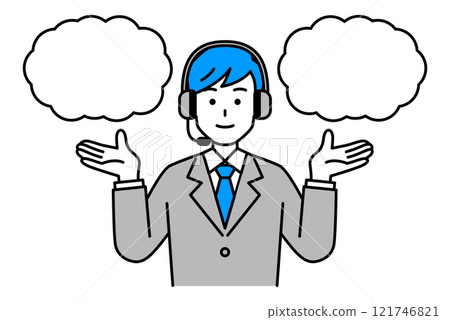 Male operator wearing a headset offering two options Male operator wearing a headset offering two options 121746821