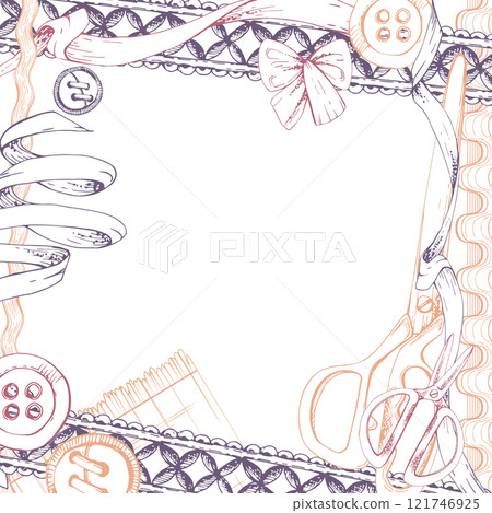 Fabric scissors snaps, wooden buttons ribbon lace braid, red ochre beige, sewing craft supplies. Hand drawn ink vector illustration. Isolated square frame. Design boutique atelier, tailor, hobby shop 121746925