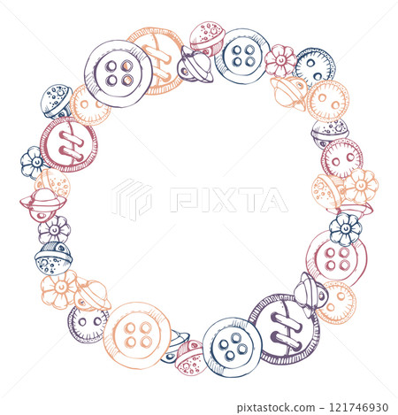 Wooden round plastic buttons for clothes, sewing craft supplies for decoration. Hand drawn ink vector illustration. Isolated wreath frame. Design atelier, tailor, hobby shop, fashion boutique Wooden round plastic buttons for clothes, sewing craft supplies for decoration. Hand drawn ink vector illustration. Isolated wreath frame. Design atelier, tailor, hobby shop, fashion boutique 121746930
