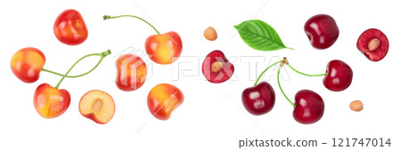 yellow-red sweet cherry isolated on white background . Top view. Flat lay 121747014