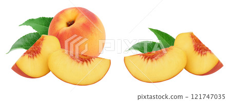 Ripe peach slices isolated on white background with full depth of field 121747035