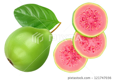 Guava fruit slices isolated on white background . Top view. Flat lay 121747036