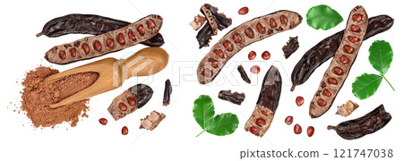 Carob pod and powder in wooden scoop isolated on white background . Top view. Flat lay 121747038