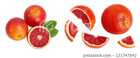 Blood red oranges isolated on white background . Top view. Flat lay Blood red oranges isolated on white background . Top view. Flat lay 121747042