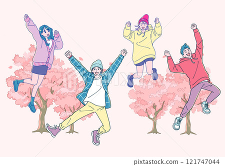 Young people jumping with a row of cherry blossom trees in the background 121747044
