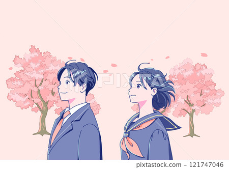 微笑的男女學生和櫻花樹 121747046