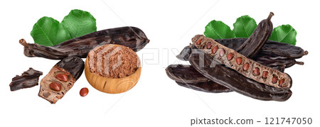 Carob pod and powder in wooden bowl isolated on white background with full depth of field. 121747050