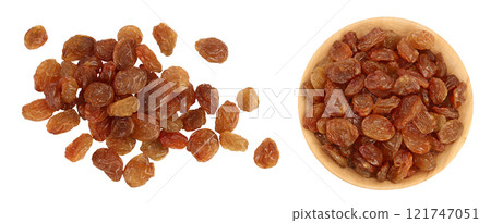 Brown raisin isolated on white background . Top view. Flat lay 121747051